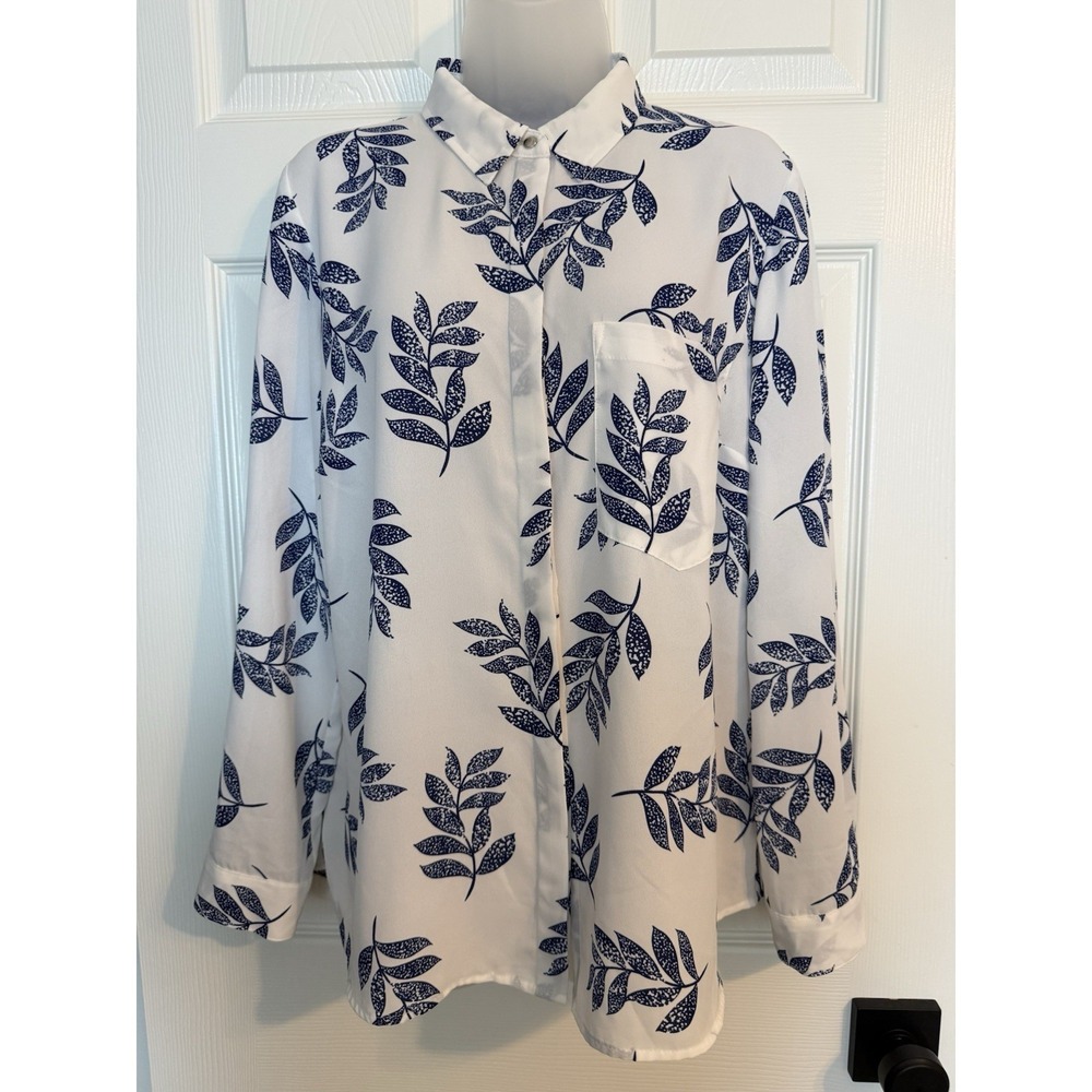APT 9 Womens Leaf Print Sheer Chiffon Button Up Collared Blouse Sz L White Blue